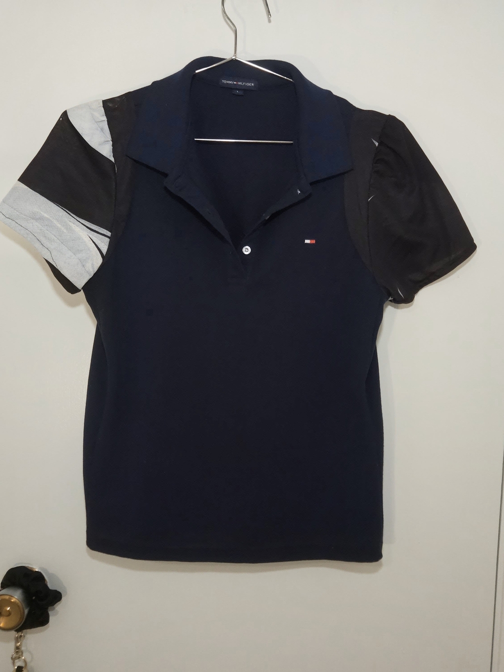Tommy Hilfiger Women's Navy Polo Top with Contrasting Sleeves
